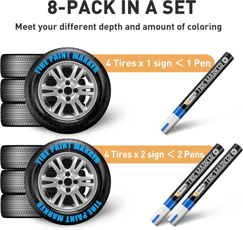 SELEAD Tire Marker White Red Yellow Blue - 8 Pack Paint Pens for Car Tires Lettering, Premium Professional Oil Based Waterproof Colored Permanent Markers - Image 2